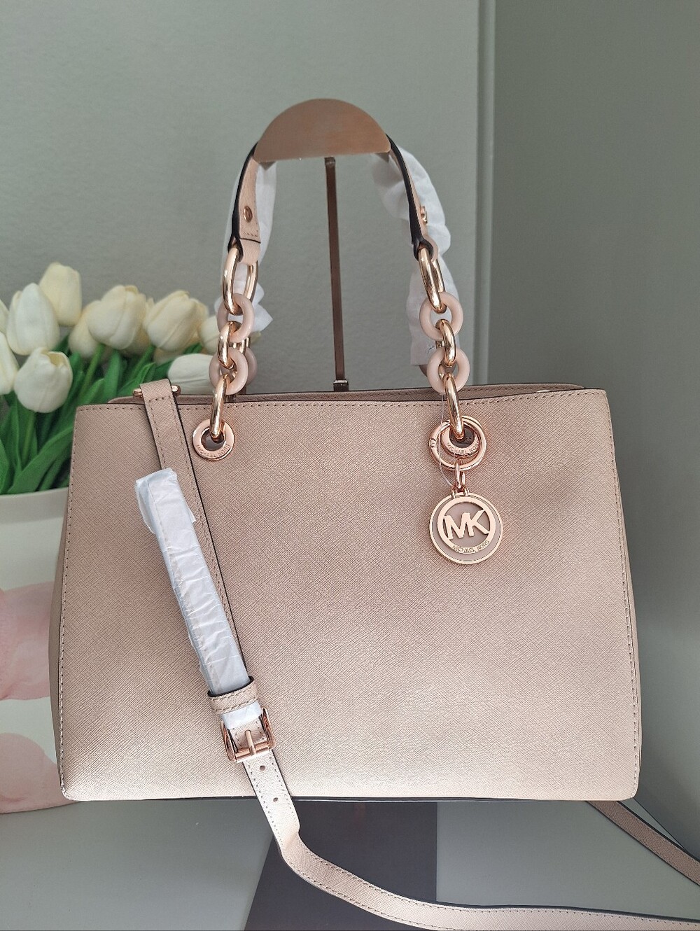 NWT Michael Kors Cynthia Satchel Blush Rose Gold Chain Bag Saffiano Leather